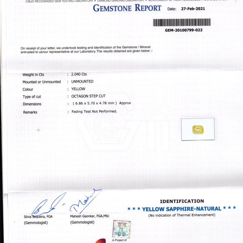 2.04 Ct GII Certified Unheated Untreated Natural Ceylon Yellow Sapphire AA