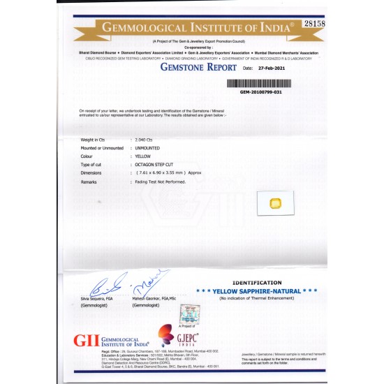 2.04 Ct GII Certified Unheated Untreated Natural Ceylon Yellow Sapphire AAA