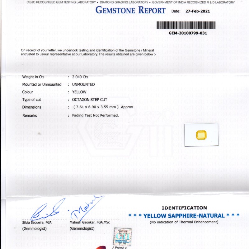 2.04 Ct GII Certified Unheated Untreated Natural Ceylon Yellow Sapphire AAA