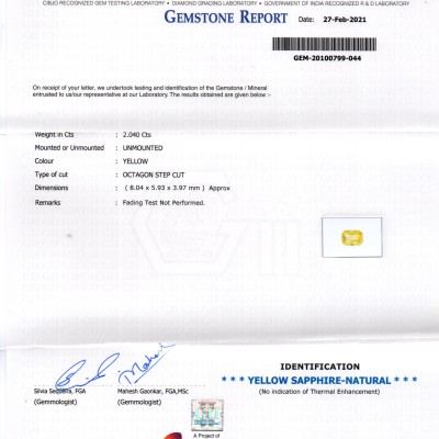 2.04 Ct GII Certified Unheated Untreated Natural Ceylon Yellow Sapphire AAA