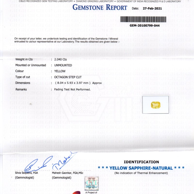 2.04 Ct GII Certified Unheated Untreated Natural Ceylon Yellow Sapphire AAA