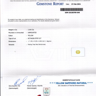 2.04 Ct GII Certified Unheated Untreated Natural Ceylon Yellow Sapphire AA
