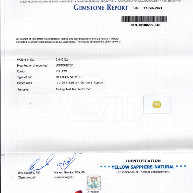 2.04 Ct GII Certified Unheated Untreated Natural Ceylon Yellow Sapphire AA