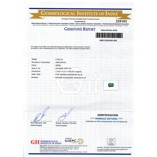 2.05 Ct GII Certified Untreated Natural Zambian Emerald Panna AAA