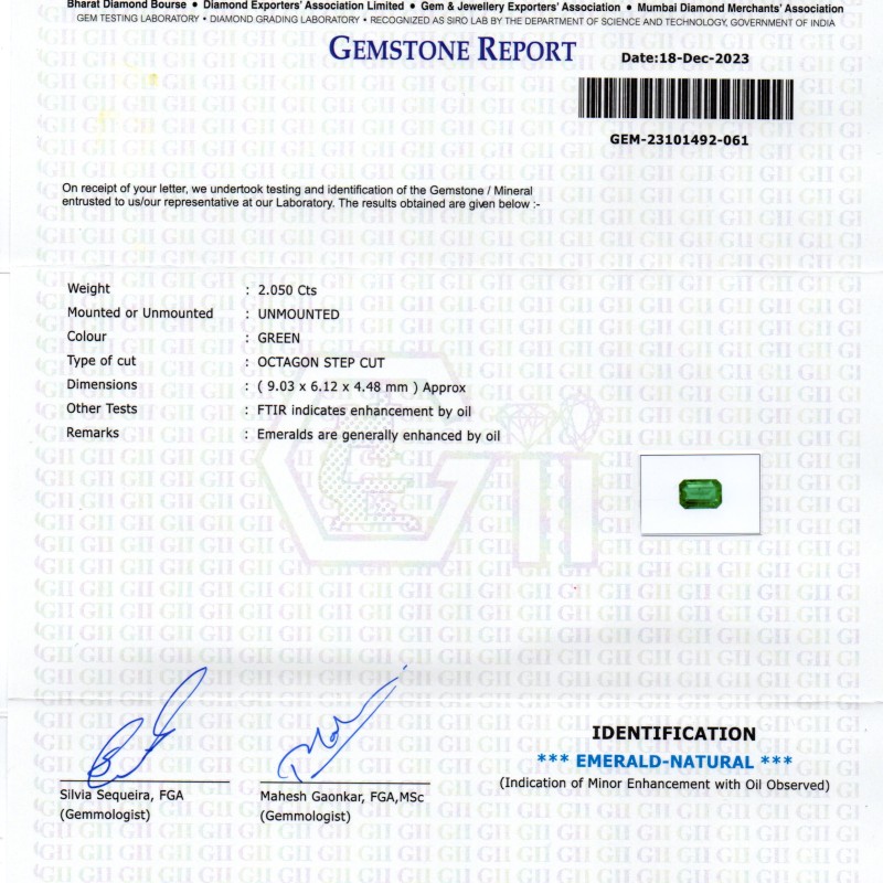 2.05 Ct GII Certified Untreated Natural Zambian Emerald Panna AAA 2.05 Ct GII Certified Untreated Natural Zambian Emerald Panna AAA