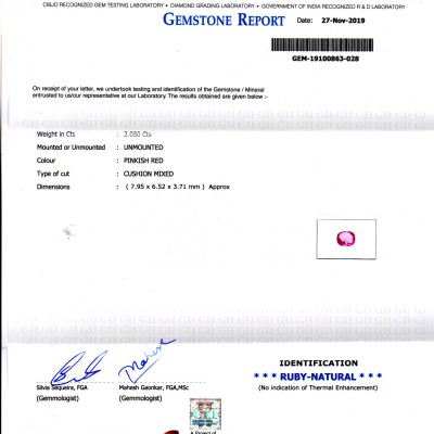 2.05 Ct GII Certified Unheated Untreated Natural Madagaskar Ruby 2.05 Ct GII Certified Unheated Untreated Natural Madagaskar Ruby