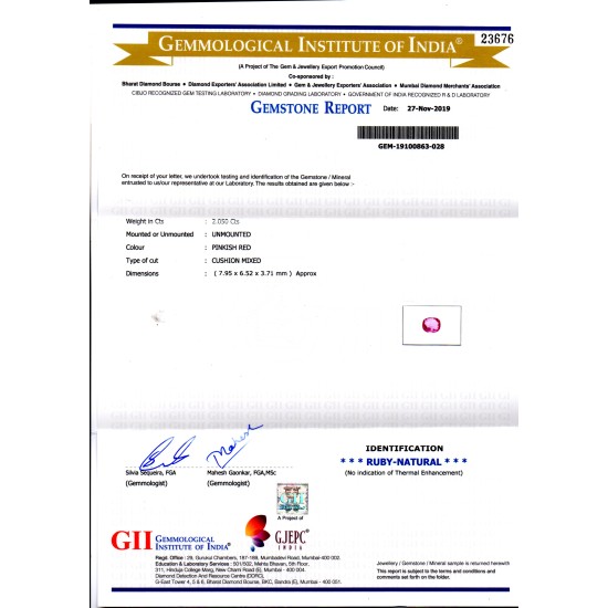 2.05 Ct GII Certified Unheated Untreated Natural Madagaskar Ruby