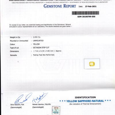 2.05 Ct GII Certified Unheated Untreated Natural Ceylon Yellow Sapphire AAA