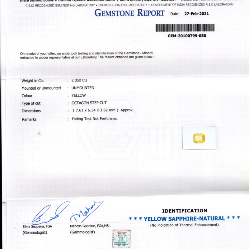 2.05 Ct GII Certified Unheated Untreated Natural Ceylon Yellow Sapphire AAA