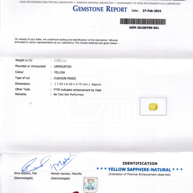 2.05 Ct GII Certified Unheated Untreated Natural Ceylon Yellow Sapphire