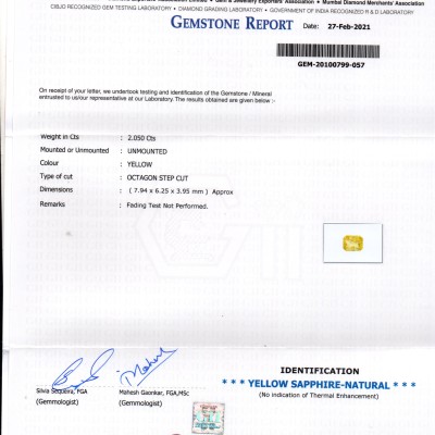 2.05 Ct GII Certified Unheated Untreated Natural Ceylon Yellow Sapphire AA