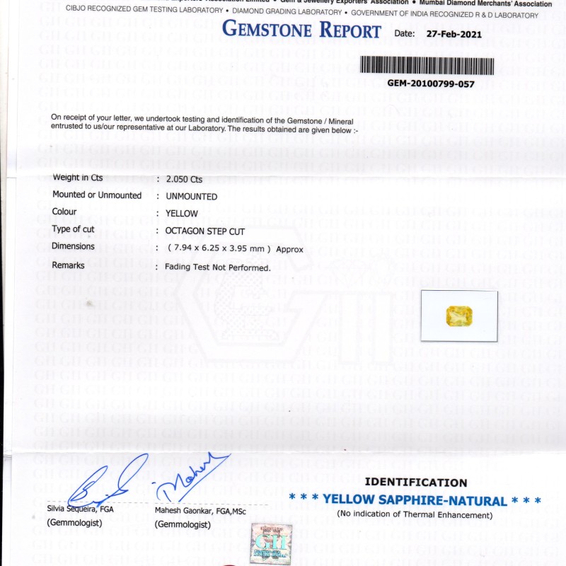 2.05 Ct GII Certified Unheated Untreated Natural Ceylon Yellow Sapphire AA
