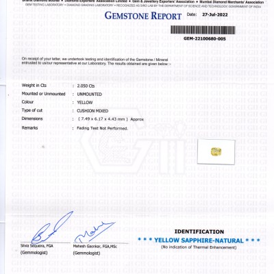 2.05 Ct GII Certified Unheated Untreated Natural Ceylon Yellow Sapphire