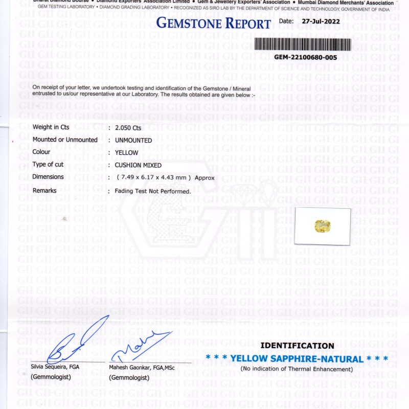2.05 Ct GII Certified Unheated Untreated Natural Ceylon Yellow Sapphire