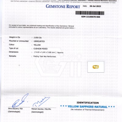 2.05 Ct GII Certified Unheated Untreated Natural Ceylon Yellow Sapphire