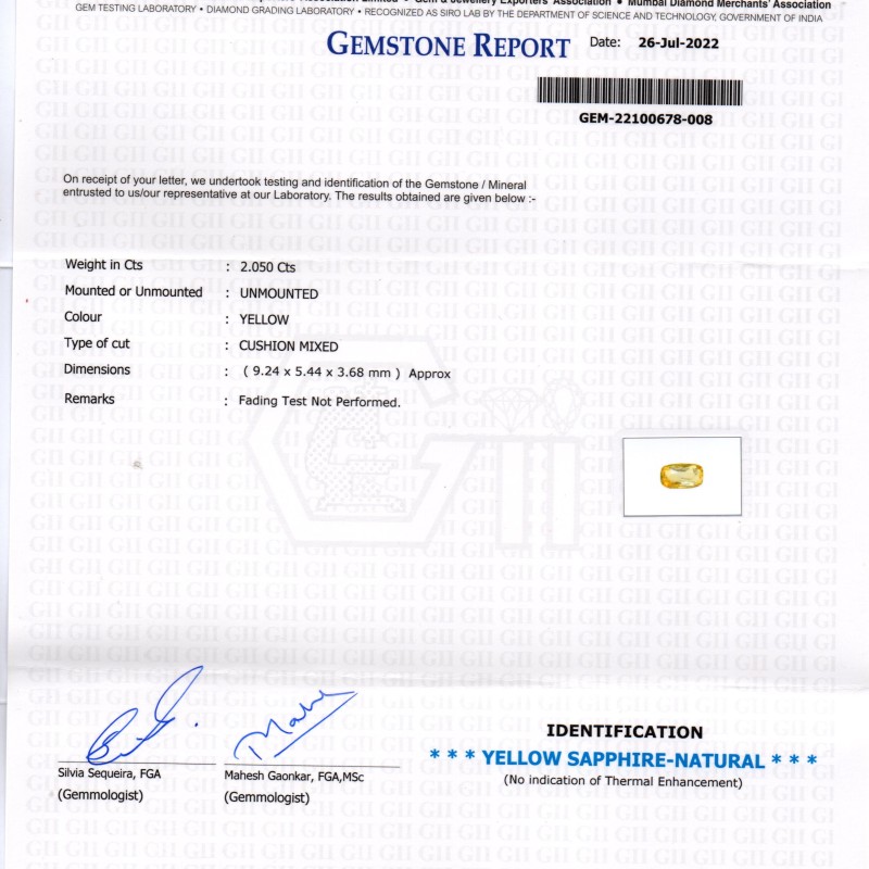 2.05 Ct GII Certified Unheated Untreated Natural Ceylon Yellow Sapphire