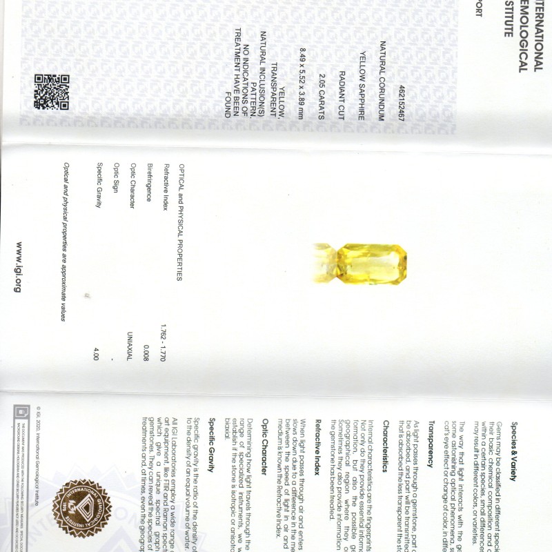 2.05 Ct IGI Certified Unheated Untreated Natural Ceylon Yellow Sapphire