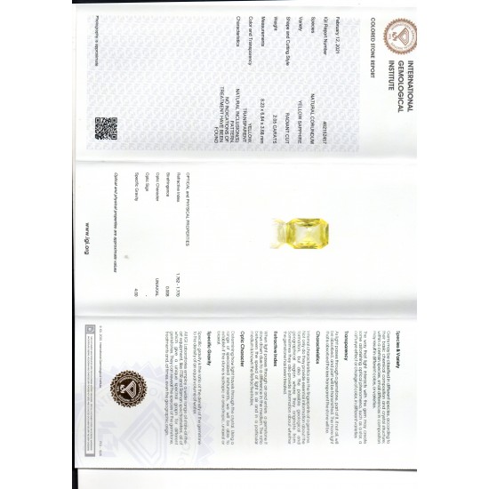 2.05 Ct IGI Certified Unheated Untreated Natural Ceylon Yellow Sapphire