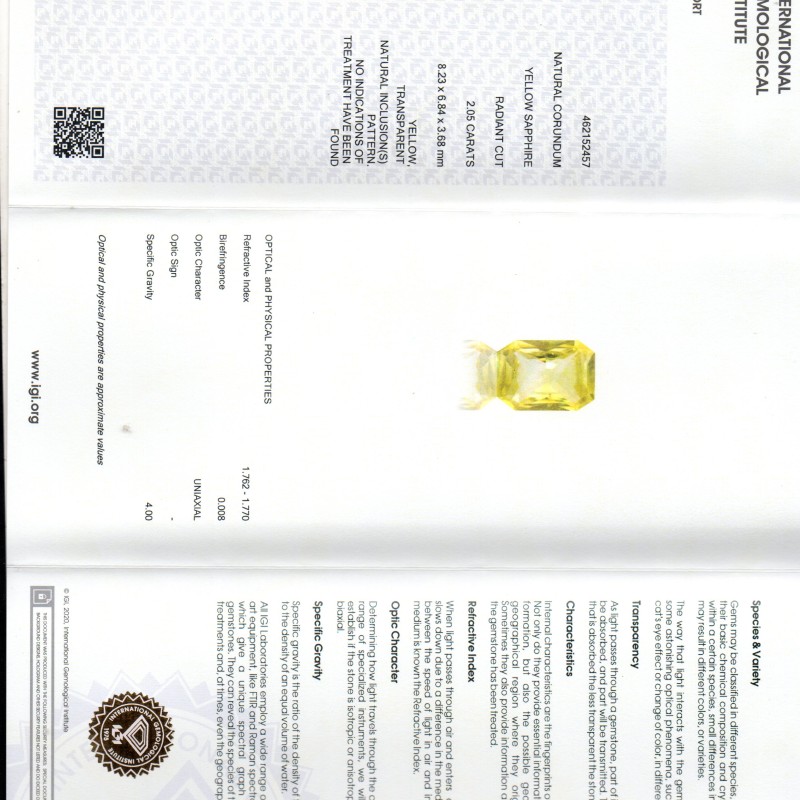 2.05 Ct IGI Certified Unheated Untreated Natural Ceylon Yellow Sapphire