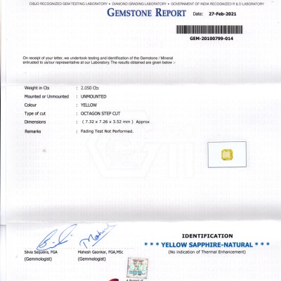 2.05 Ct GII Certified Unheated Untreated Natural Ceylon Yellow Sapphire AAA