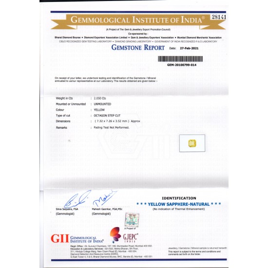 2.05 Ct GII Certified Unheated Untreated Natural Ceylon Yellow Sapphire AAA