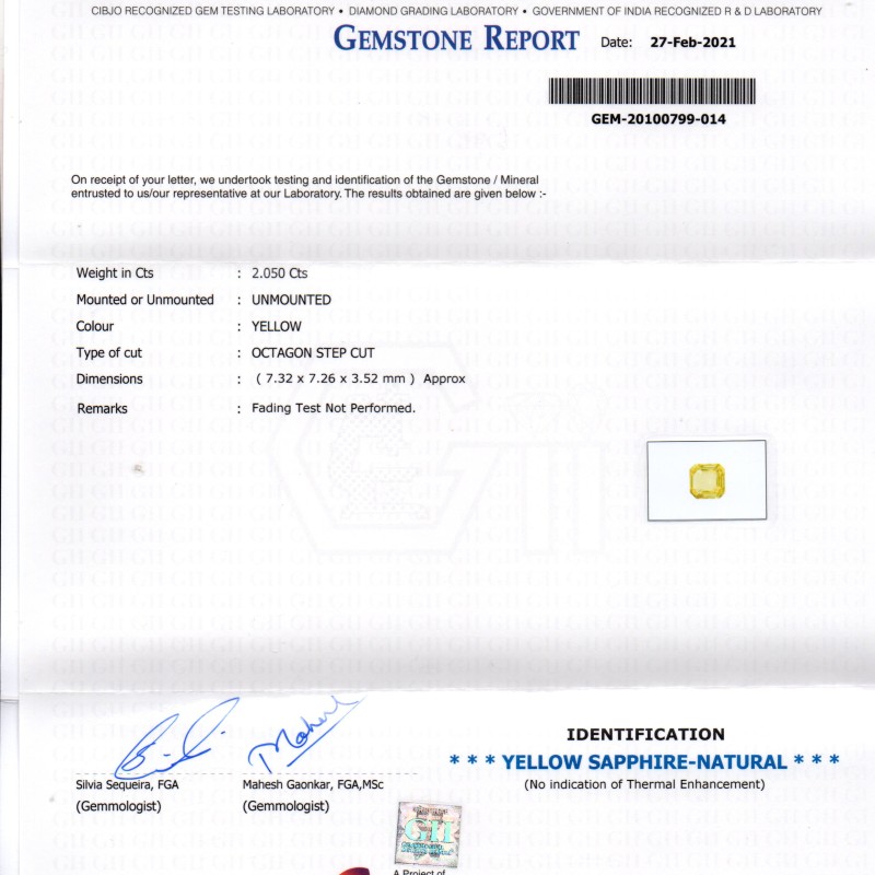 2.05 Ct GII Certified Unheated Untreated Natural Ceylon Yellow Sapphire AAA