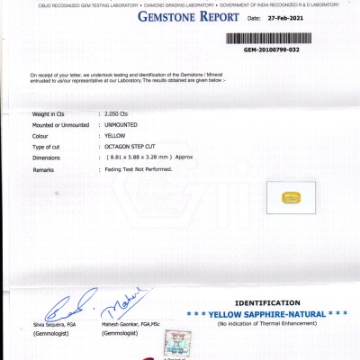 2.05 Ct GII Certified Unheated Untreated Natural Ceylon Yellow Sapphire AAA