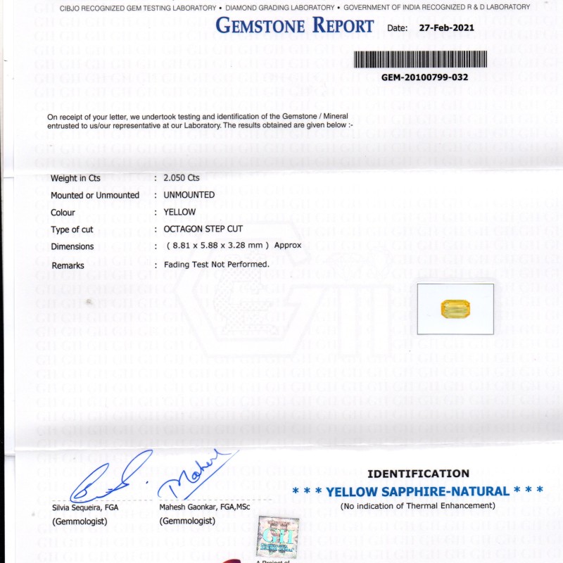 2.05 Ct GII Certified Unheated Untreated Natural Ceylon Yellow Sapphire AAA