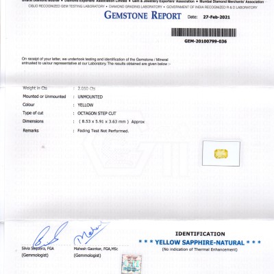2.05 Ct GII Certified Unheated Untreated Natural Ceylon Yellow Sapphire AA
