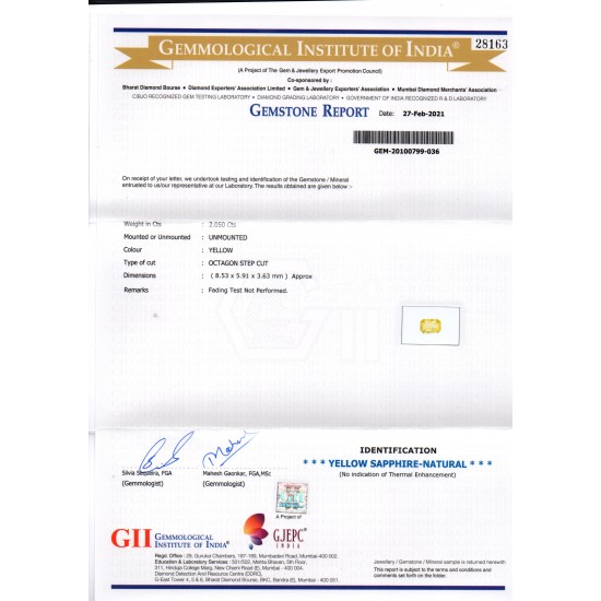 2.05 Ct GII Certified Unheated Untreated Natural Ceylon Yellow Sapphire AA
