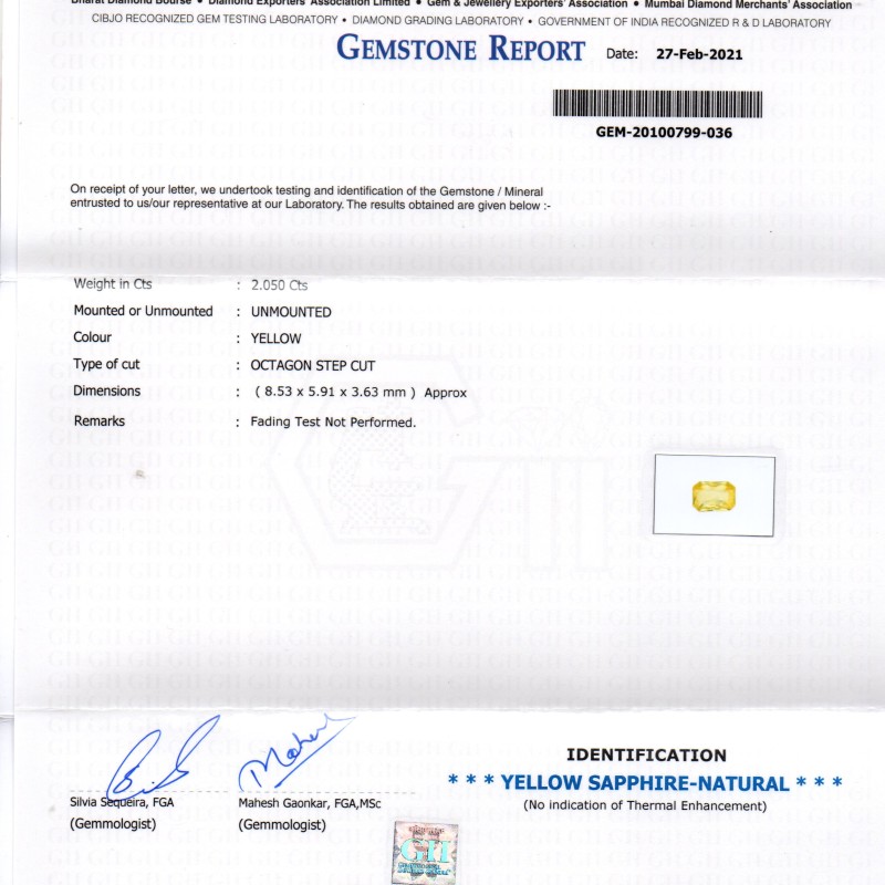 2.05 Ct GII Certified Unheated Untreated Natural Ceylon Yellow Sapphire AA