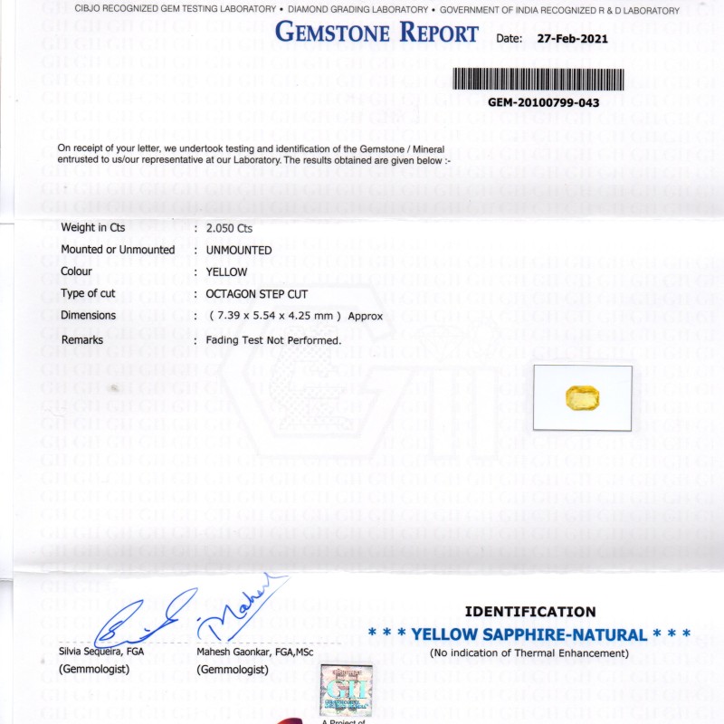 2.05 Ct GII Certified Unheated Untreated Natural Ceylon Yellow Sapphire AAA