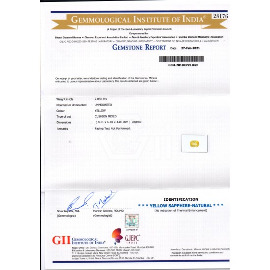 2.05 Ct GII Certified Unheated Untreated Natural Ceylon Yellow Sapphire