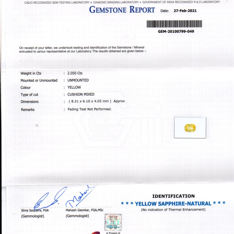2.05 Ct GII Certified Unheated Untreated Natural Ceylon Yellow Sapphire