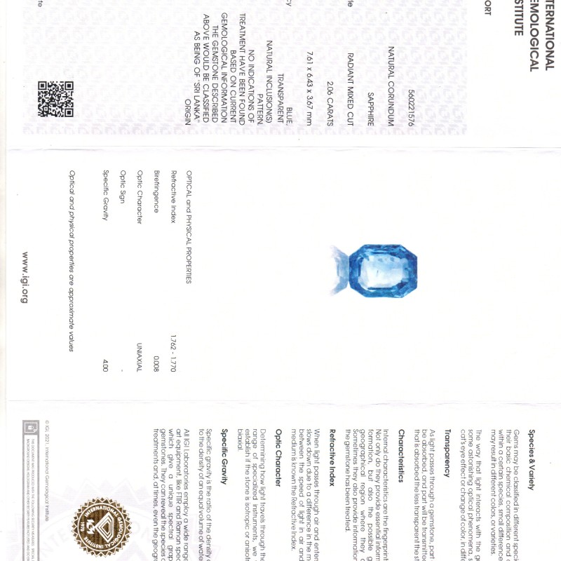 2.06 Ct IGI Certified Unheaated Untreated Natural Ceylon Blue Sapphire AA 2.06 Ct IGI Certified Unheaated Untreated Natural Ceylon Blue Sapphire AA