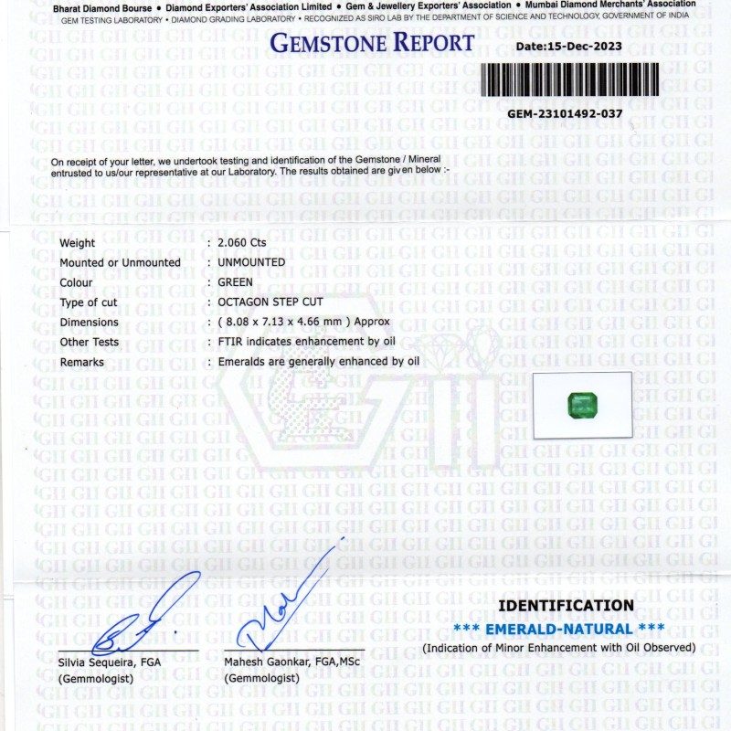 2.06 Ct GII Certified Untreated Natural Zambian Emerald Panna AAAA