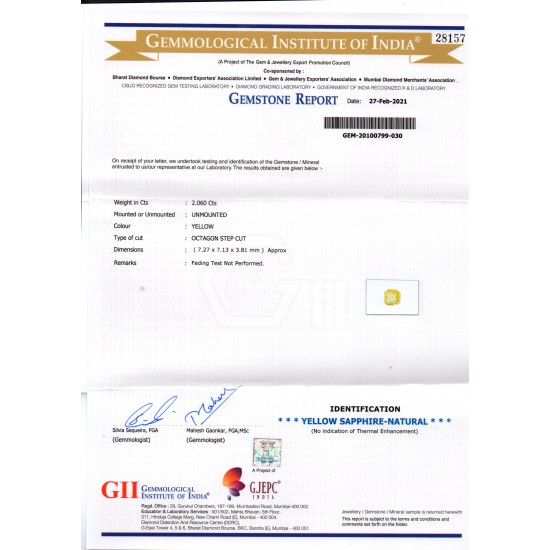 2.06 Ct GII Certified Unheated Untreated Natural Ceylon Yellow Sapphire AA