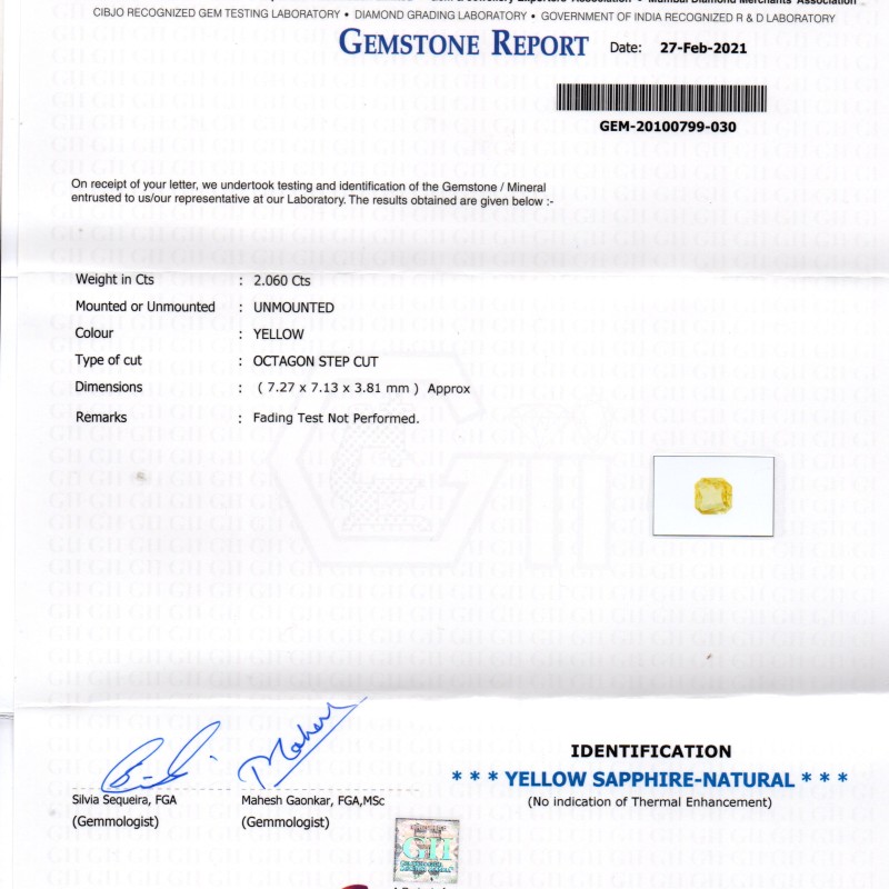 2.06 Ct GII Certified Unheated Untreated Natural Ceylon Yellow Sapphire AA