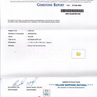2.06 Ct GII Certified Unheated Untreated Natural Ceylon Yellow Sapphire AAA