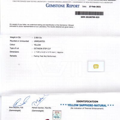 2.06 Ct GII Certified Unheated Untreated Natural Ceylon Yellow Sapphire AAA 2.06 Ct GII Certified Unheated Untreated Natural Ceylon Yellow Sapphire AAA