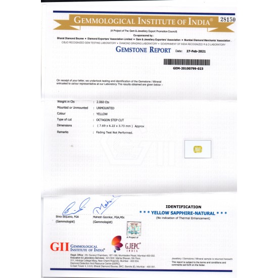 2.06 Ct GII Certified Unheated Untreated Natural Ceylon Yellow Sapphire AAA