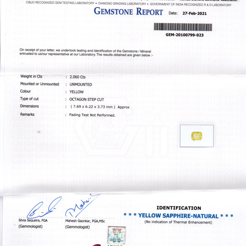 2.06 Ct GII Certified Unheated Untreated Natural Ceylon Yellow Sapphire AAA 2.06 Ct GII Certified Unheated Untreated Natural Ceylon Yellow Sapphire AAA