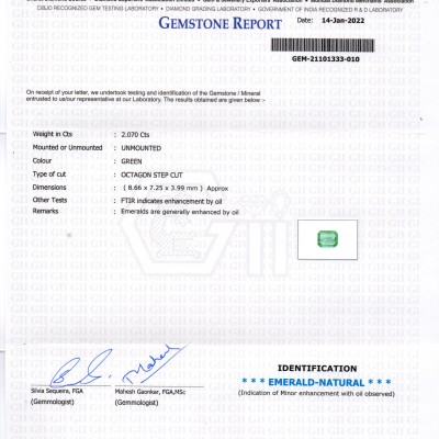2.07 Ct GII Certified Untreated Natural Zambian Emerald Gemstone