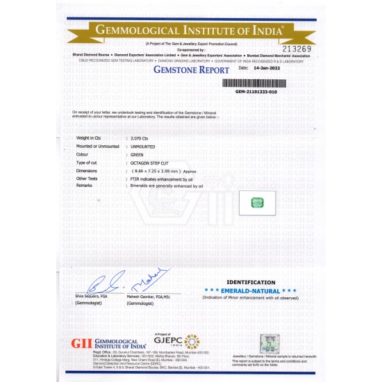 2.07 Ct GII Certified Untreated Natural Zambian Emerald Gemstone