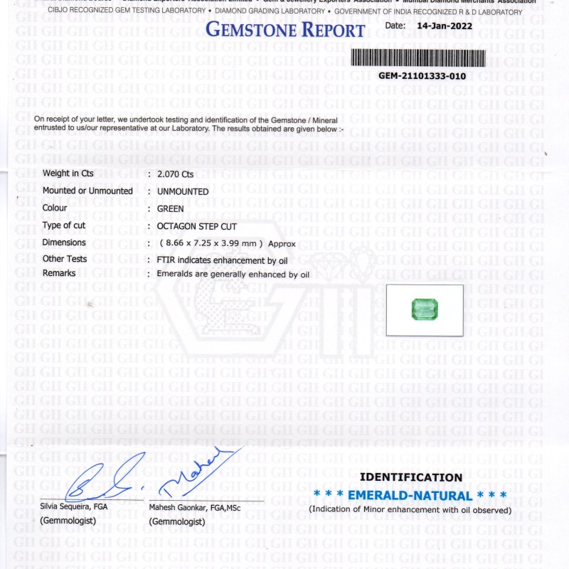 2.07 Ct GII Certified Untreated Natural Zambian Emerald Gemstone