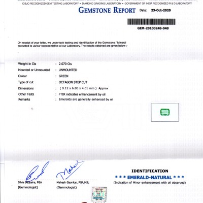 2.07 Ct GII Certified Untreated Natural Zambian Emerald Gems AAA 2.07 Ct GII Certified Untreated Natural Zambian Emerald Gems AAA