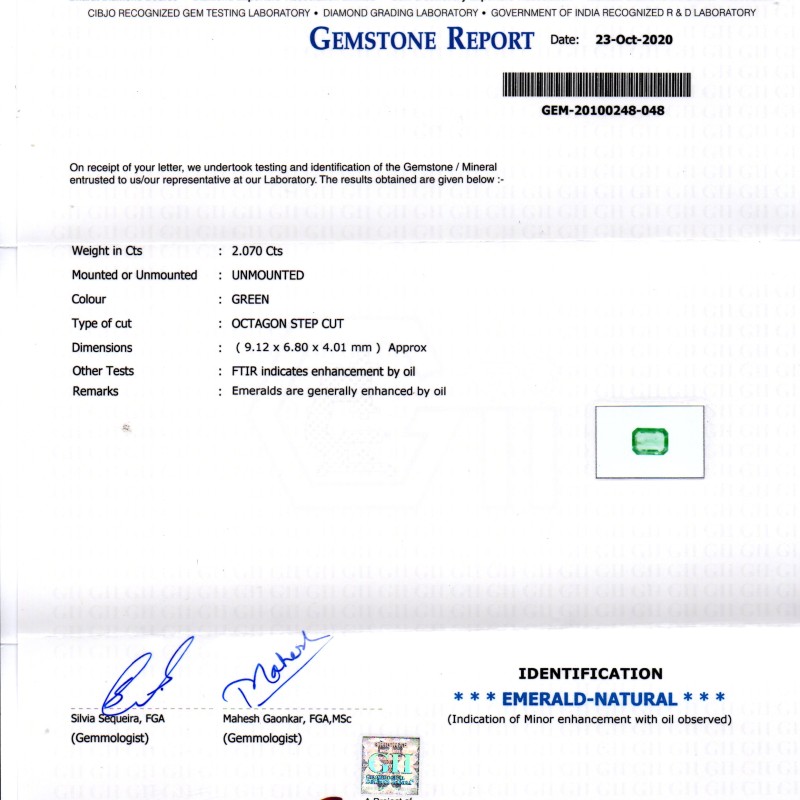 2.07 Ct GII Certified Untreated Natural Zambian Emerald Gems AAA 2.07 Ct GII Certified Untreated Natural Zambian Emerald Gems AAA