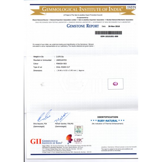 2.07 Ct GII Certified Unheated Untreated Natural Madagaskar Ruby AAA