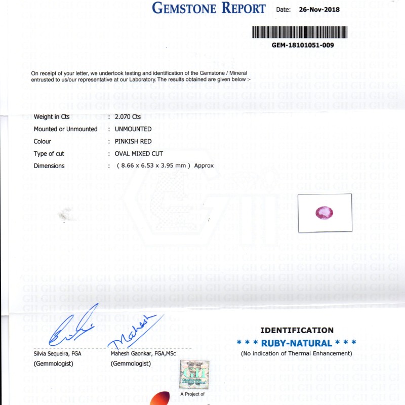2.07 Ct GII Certified Unheated Untreated Natural Madagaskar Ruby AAA 2.07 Ct GII Certified Unheated Untreated Natural Madagaskar Ruby AAA