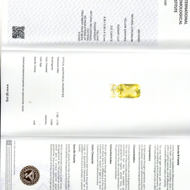 2.07 Ct IGI Certified Unheated Untreated Natural Ceylon Yellow Sapphire 2.07 Ct IGI Certified Unheated Untreated Natural Ceylon Yellow Sapphire